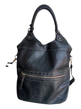 Roots Black Leather Large Shoulder Tote Bag Pebbled Leather